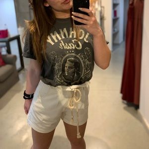 White denim paper bag shorts